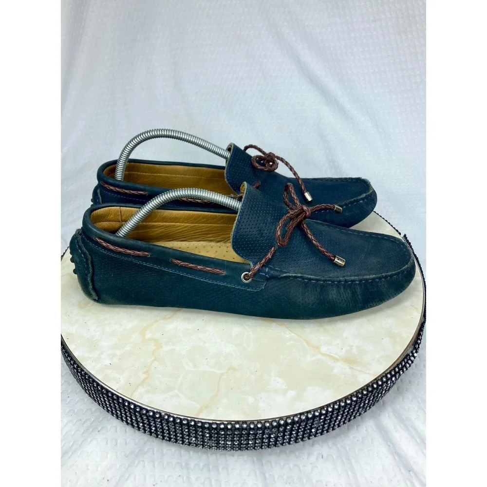 Mercanti Fiorentini Perforated Leather Driving Loafers Mens Navy  Preppy Shoe